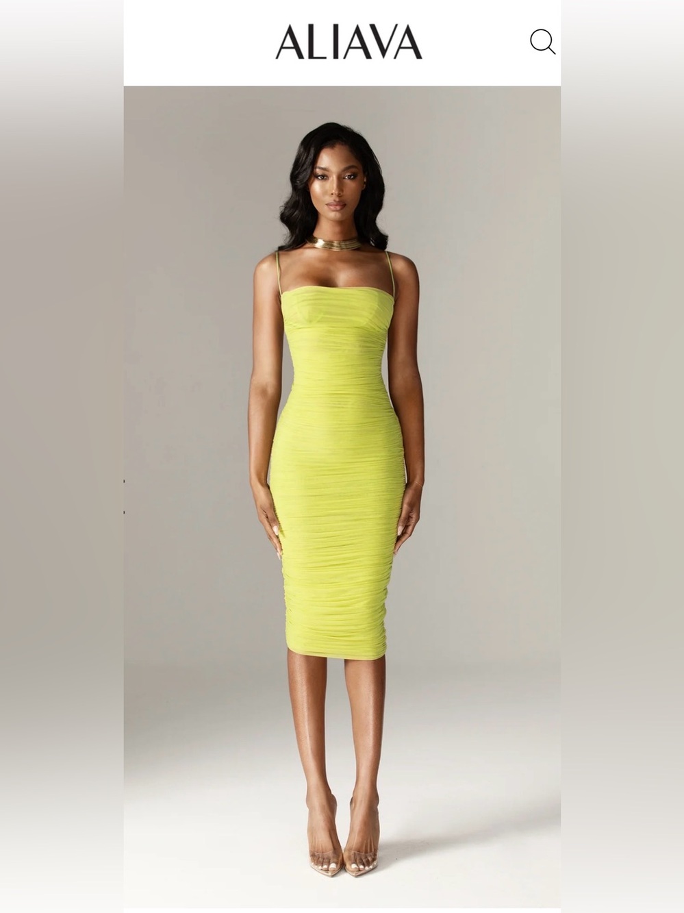 ALIAVA Justina Ruched Organza Mesh Midi Dress (Lime)